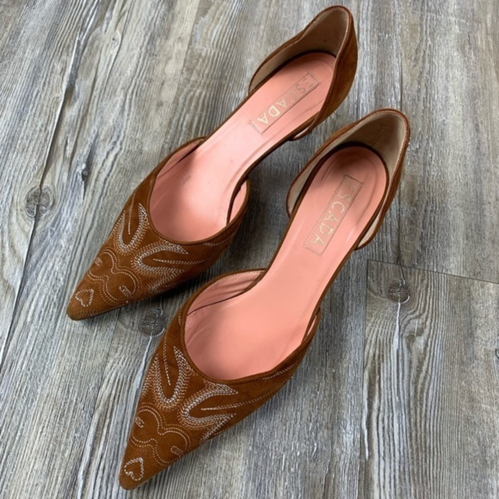 Escada Brown Suede Pointed Toe Kitten Heel Pumps - Picture 5 of 8